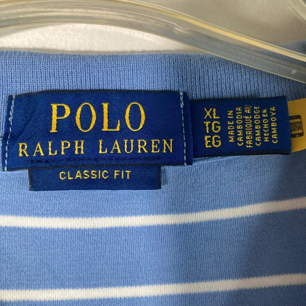 Mens Polo Ralph Lauren‎ Polo Shirt Classic Fit Striped XL Blue White Cotton